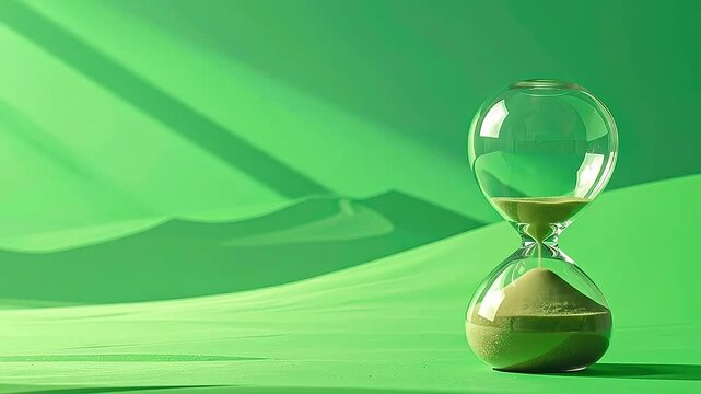 A glass hourglass sits on a smooth green surface representing the passage of time