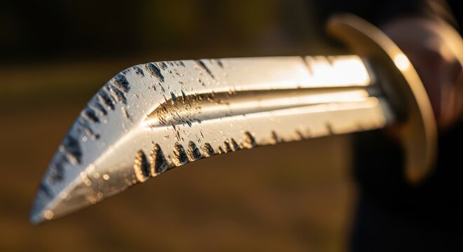 Bent Steel Sword Blade Edge with Worn Metal and Serrations