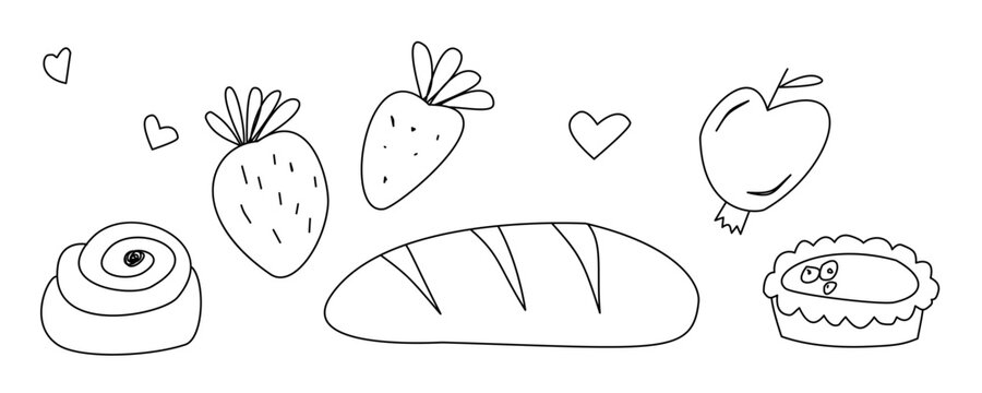 Set of hand-drawn doodles: bread, loaf, apple strawberry, Cinnabon roll