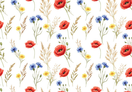 Seamless pattern with hand drawn red poppy flowers and blue cornflowers with green grass leaves in a light watercolor artistic style for fabric or textile design