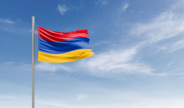 Armenia national flag waving in the sky.