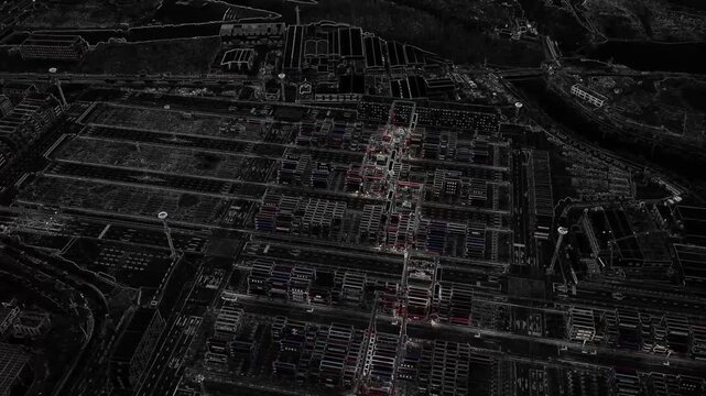 Cargo containers seaport black emboss effect. Freight sea port scan. Top aerial drone view monitoring city terrain. Ship delivery ocean harbor. Shipping night machine vision. Industrial Marine dock.