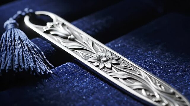 Ornate Metal Bookmark on Dark Velvet - A detailed close-up of an engraved metal bookmark featuring a floral design, placed on a rich, dark blue velvet background.