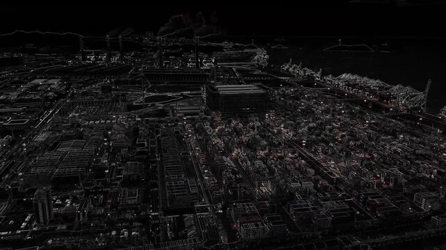 Cargo containers seaport black emboss effect. Freight sea port scan. Top aerial drone view monitoring city terrain. Ship delivery ocean harbor. Shipping night machine vision. Industrial Marine dock.