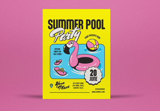 Yellow and Pink Vintage Summer Pool Party Flyer Layout