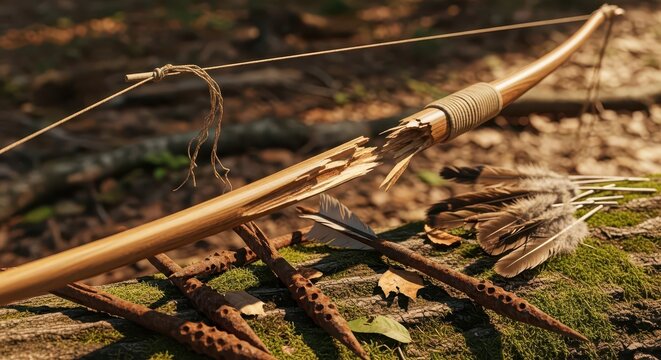 Broken longbow with snapped wood and scattered arrows rests on a mossy forest floor