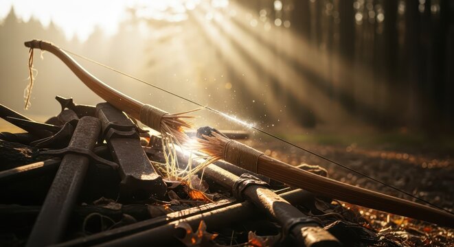 Broken Wooden Longbow with String in Sunlit Forest Floor