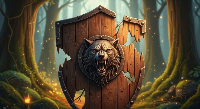Broken Wooden Shield Featuring Fierce Wolf Boss Emblem in Forest Setting