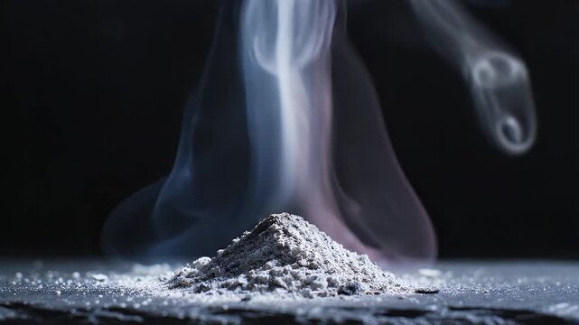 Mystical Smoke Rising from Ash Pile - Ethereal wisps of smoke gracefully ascend from a small, granular pile of ash, creating a dark and atmospheric scene.