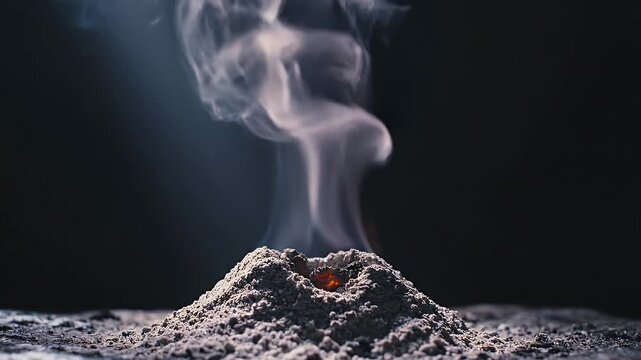 Mystical Smoke Rising from Ash Pile - Dark Atmospheric Scene - Delicate, ethereal smoke drifts upwards from a small pile of ash, creating a dark and atmospheric scene.