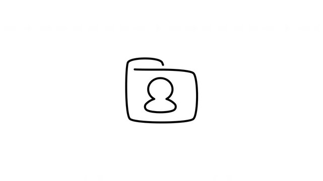 Minimalist outline animation of a document folder containing a person profile card drawing on and fading out. Features a clean pop up style in 3 color setups.