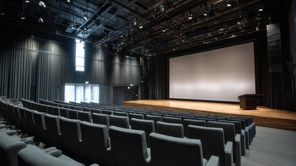 Naklejka premium A blank white screen on a stage with a podium and seats, empty conference hall, empty conference room, interior of a conference room, conference hall with chairs