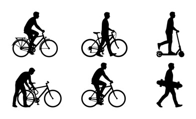 Obraz premium Silhouette Icons: Cyclists, Scooter Rider, Skateboarder, Bicycle Maintenance, Urban Mobility Vector Set, Active Lifestyle Graphics