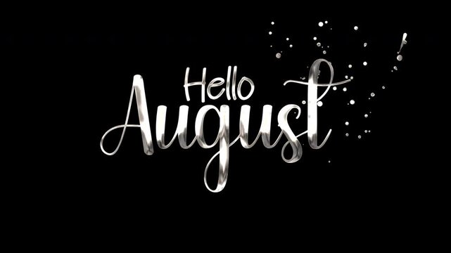 Silver glittery text hello august with white stars on black background, suitable for social media posts, greeting cards, and summer designs. Bright, shiny sparkles.