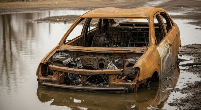 Burned Out Rusted Car Wreckage Submerged in Water