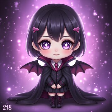 Whimsical chibi style character with glowing eyes and bat wings in ethereal purple starlit background with stylized chibi character large luminous violet eyes