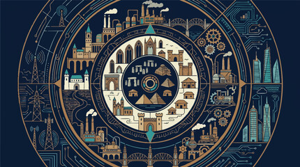 Obraz premium Circular illustration showing the evolution of architectural history and industry