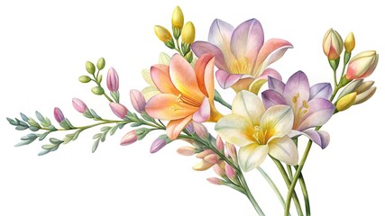 Obraz premium Soft watercolor flowers on a branch - Delicate watercolor flowers in soft pastel shades growing on a natural branch with green leaves.