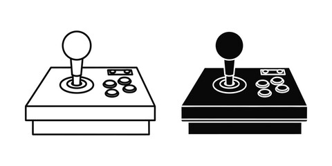 Arcade game joystick controller set with buttons in black and white outline and solid silhouette gaming © MdKadir