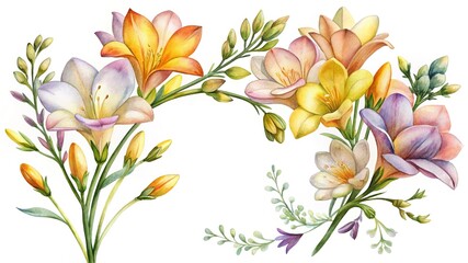 Obraz premium Watercolor flowers and leaves bouquet illustration - Soft watercolor flowers and leaves bouquet with delicate pastel shades for artistic and elegant designs.