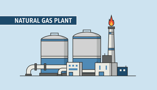 Industrial natural gas plant illustration showing storage tanks and a smoking chimney with fire against a blue sky.
