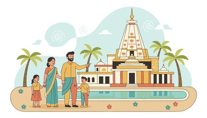 Fototapeta premium Indian family wearing traditional clothes standing in front of a beautiful golden Hindu temple with palm trees.