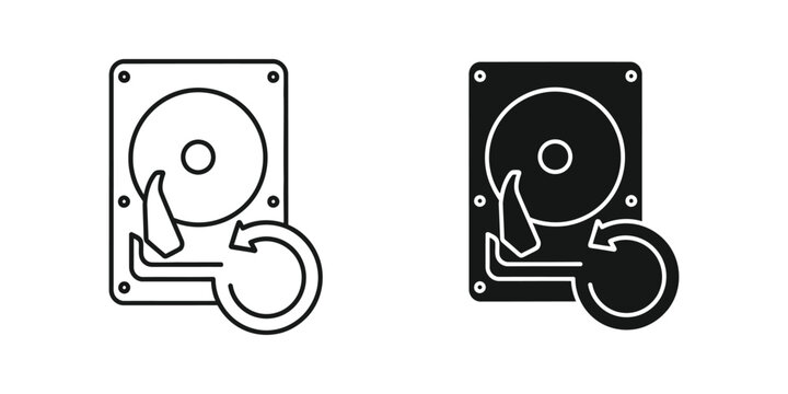 Hard drive disk set with circular refresh arrow symbol in outline and solid black for data backup storage