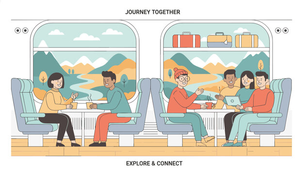 Travelers enjoying a scenic journey together inside a train compartment with picturesque mountain views.