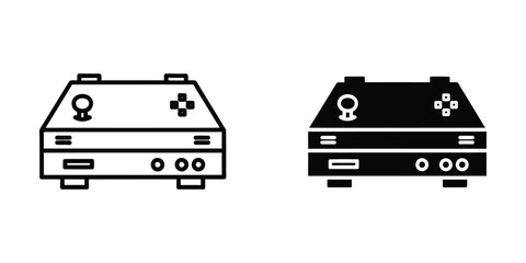 Retro game console set featuring joystick and buttons in outline and solid black styles gaming controller © MdKadir