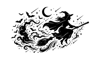 Naklejka premium Spooky halloween witch flying on a broomstick silhouette vector illustration with stars and magic smoke
