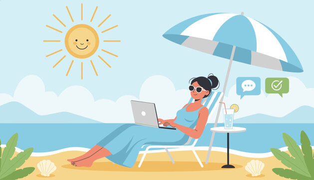 Happy freelance woman working on a laptop while relaxing on a sunny beach under a parasol during summer vacation.