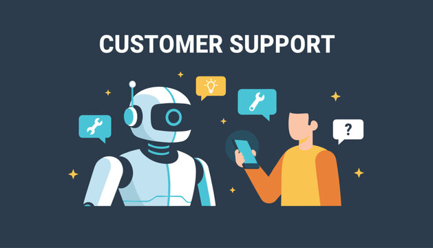 Smart AI robot assisting a customer over customer support mobile chat to resolve technical issues instantly.