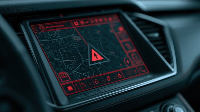 The navigation screen displays a wrong turn warning with a red rerouting symbol while the driver feels frustration in the dark interior of the car.