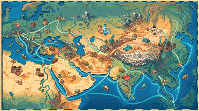 Illustrated map of eurasia featuring ancient trade routes and landmarks, illustration