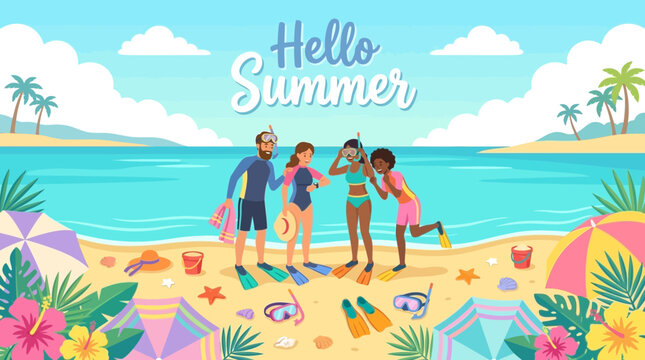 Friends in snorkeling gear standing on a tropical beach during summer