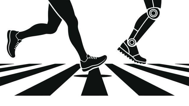 Human Leg Outrunning Robot Leg at Finish Line, Concept of Humanity Winning Against Artificial Intelligence and Automation, Minimalist Black and White Vector Illustration