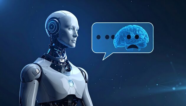Futuristic robot with glowing blue brain interface.
