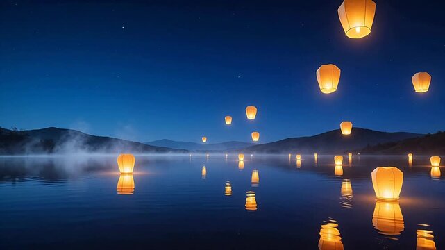 Lanterns floating on water at night