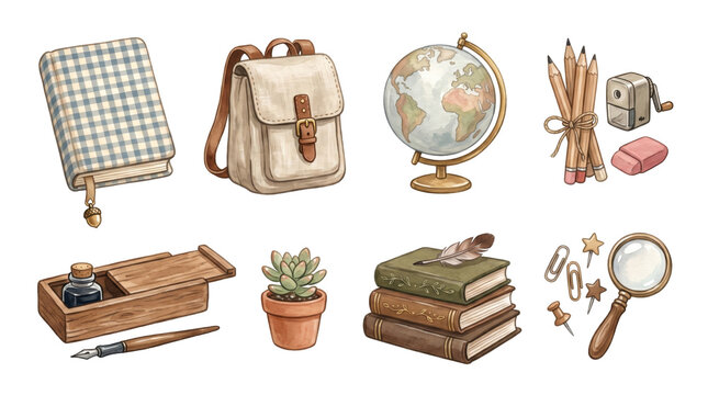 Vintage academic school stationery elements set watercolor illustration with book backpack globe pencil sharpener inkwell plant magnifying glass isolated