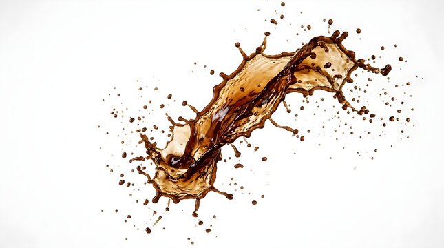 Brown liquid splashing dynamically with droplets flying around on white background creating a sense of motion and energy in a visually appealing way always.
