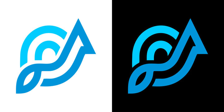 Abstract Blue Arrow and Leaf Logo Design, Growth and Financial Success Icon Set on White and Black Backgrounds