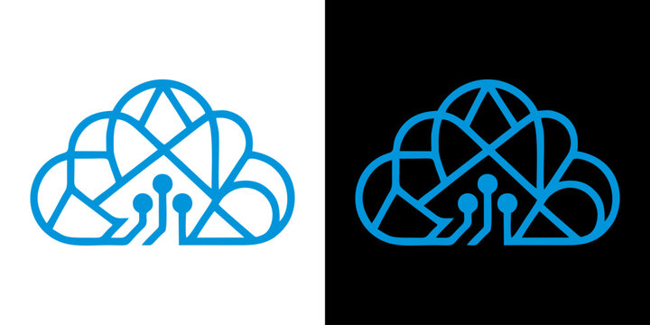 Abstract blue cloud network technology logo icon on black and white backgrounds
