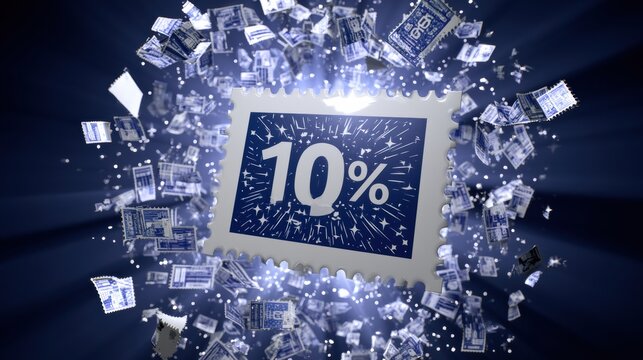 A glossy white coupon displays bold percent text with numerous small vouchers moving outward from it against a dark background.