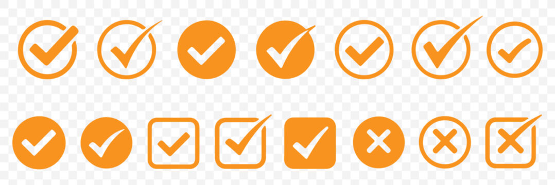 Check tick mark icon set. Cross box x check mark checkbox list vector draw hand drawn sketch doodle brush marker checklist symbol wrong right circle. hand drawn, grunge X sign. Green checkmark set.