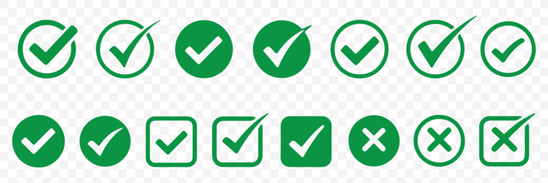 Check tick mark icon set. Cross box x check mark checkbox list vector draw hand drawn sketch doodle brush marker checklist symbol wrong right circle. hand drawn, grunge X sign. Green checkmark set.