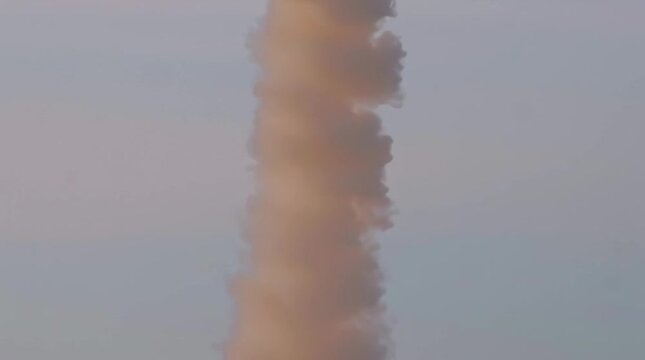 Testing ground in desert: test flight of a rocket. Missile launch