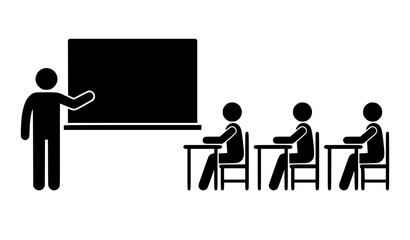 Classroom lesson stick figure pictograms set with teacher pointing at blackboard and students sitting at desks isolated vector illustration collection © MdIbrahimIslam