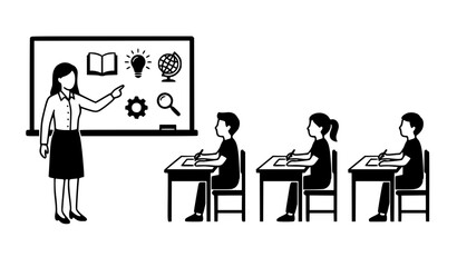 Classroom education illustration featuring female teacher pointing at blackboard icons and students sitting at desks isolated vector collection background © MdIbrahimIslam