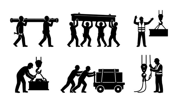 Industrial Lifting and Moving Icons, Heavy Load Handling Set, Construction and Logistics Silhouettes, Vector Graphics for Manual Labor and Crane Operations