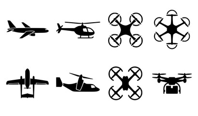 Aviation and drone technology black silhouettes set featuring airplane helicopter quadcopter hexacopter and aerial delivery drone vector illustration collection isolated © MdIbrahimIslam